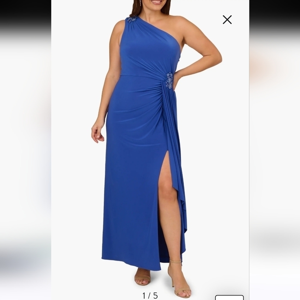 Adrianna Papell Embellished One Shoulder Jersey Cocktail Dress BrilliantSapphire